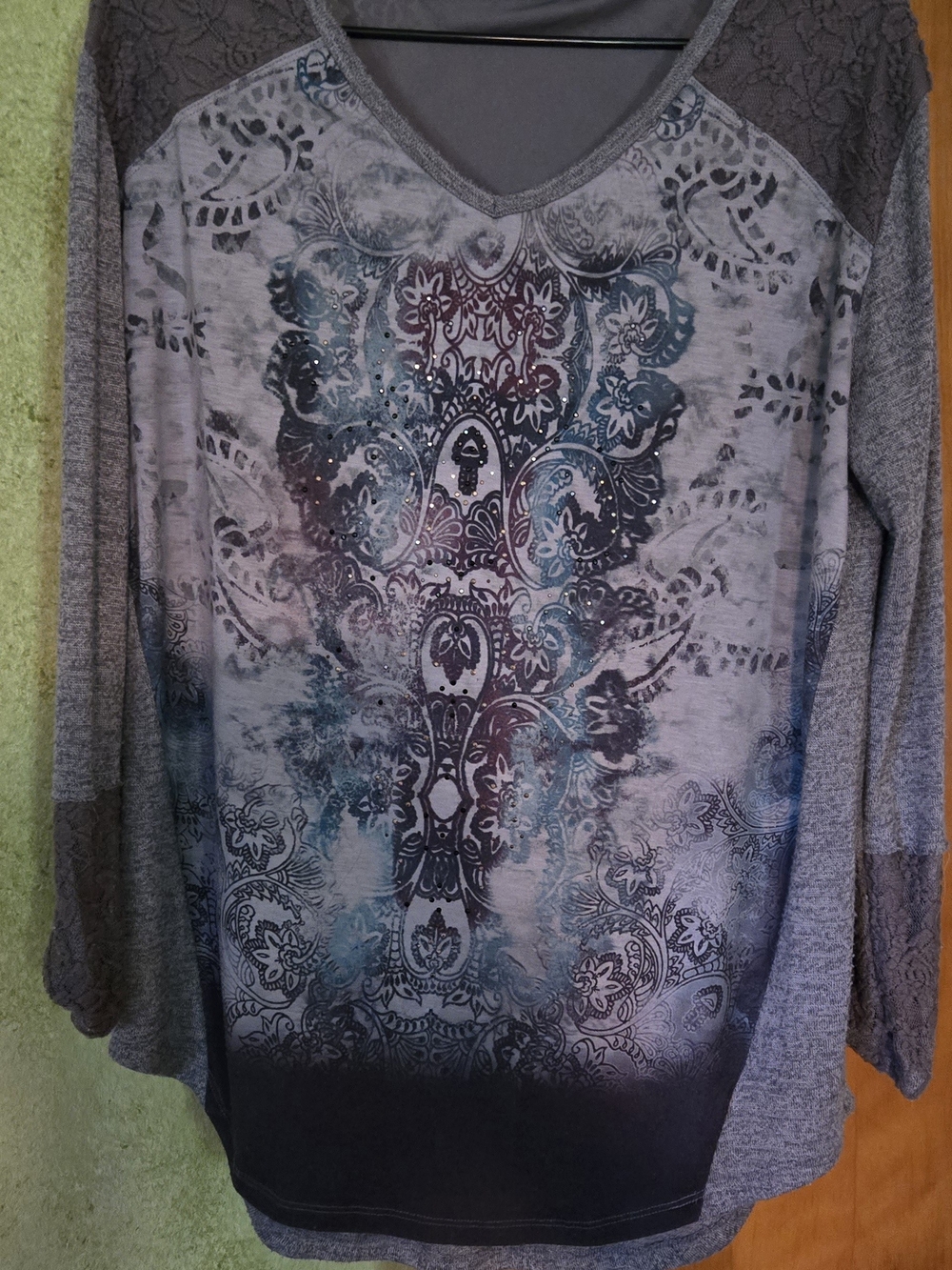 Women's Grey Patterned V-Neck Long Sleeve Sweater